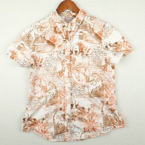 Chicos Womens Button Up Shirt 0 White Red Short Sleeve Travel All Over Print